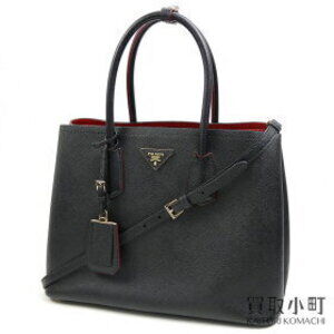 PRADA Double Bag Saffiano Leather Triangle Logo Black Red shoulder shopping tote